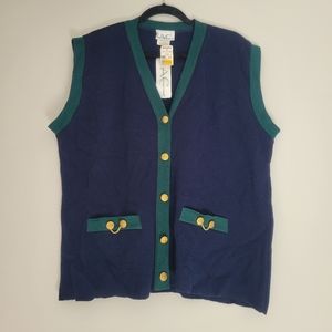 22w Vintage sweater NWT Unisex vest navy and green with gold buttons